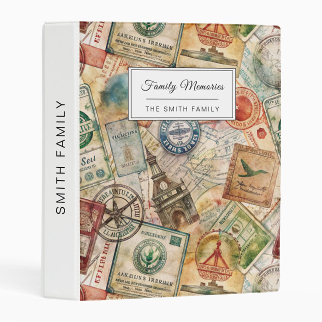 Rustic Passport Stamp Travel Pattern (5) Mini Binder (Front/Spine)