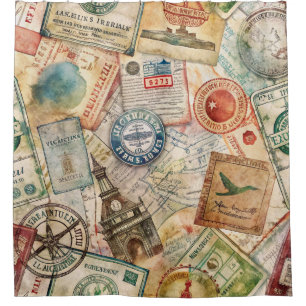 Rustic Passport Stamp Travel Pattern (5) Shower Curtain