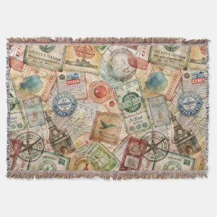 Rustic Passport Stamp Travel Pattern (5) Throw Blanket