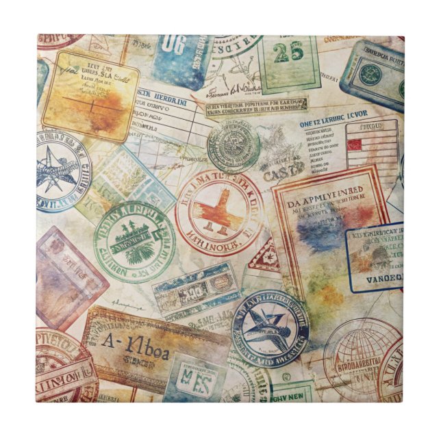 Rustic Passport Stamp Travel Pattern (6) Ceramic Tile (Front)