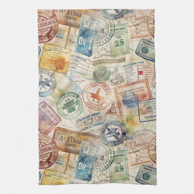 Rustic Passport Stamp Travel Pattern (6) Kitchen Towel (Vertical)