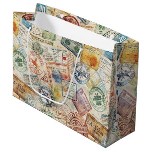 Rustic Passport Stamp Travel Pattern (6) Large Gift Bag
