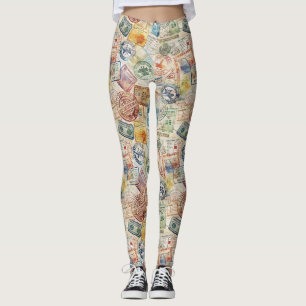 Rustic Passport Stamp Travel Pattern (6) Leggings