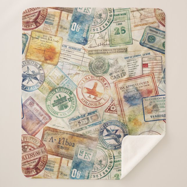 Rustic Passport Stamp Travel Pattern (6) Sherpa Blanket (Front)