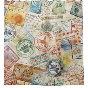 Rustic Passport Stamp Travel Pattern (6) Shower Curtain