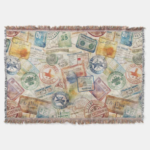Rustic Passport Stamp Travel Pattern (6) Throw Blanket