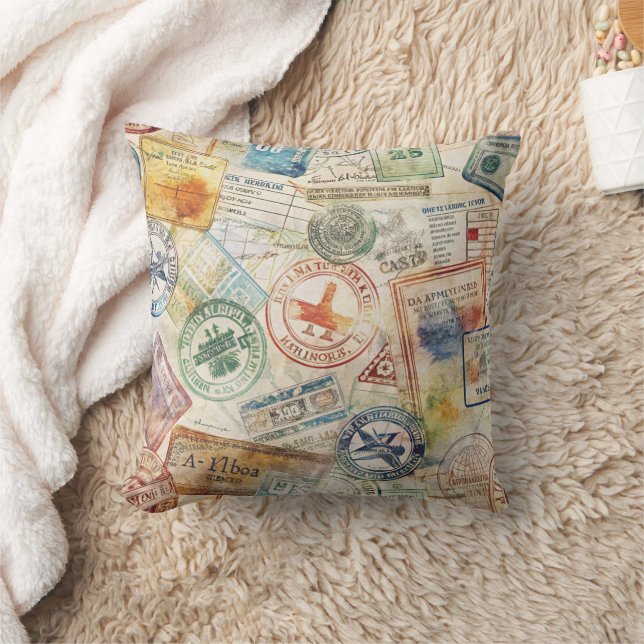 Rustic Passport Stamp Travel Pattern (6) Throw Pillow (Blanket)