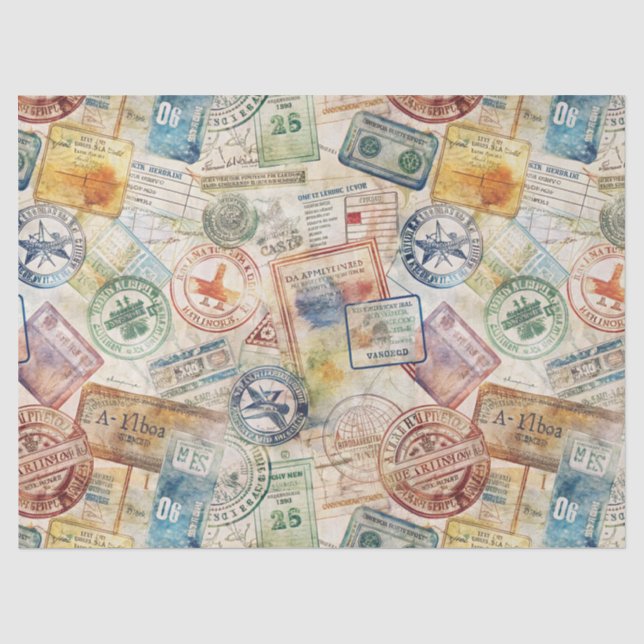 Rustic Passport Stamp Travel Pattern (6) Tissue Paper (Front)