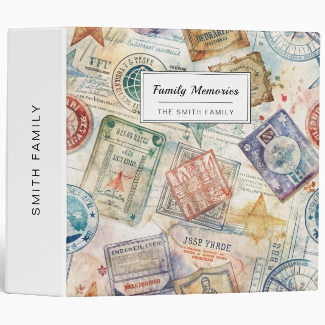 Rustic Passport Stamp Travel Pattern (7) 3 Ring Binder (Front/Spine)