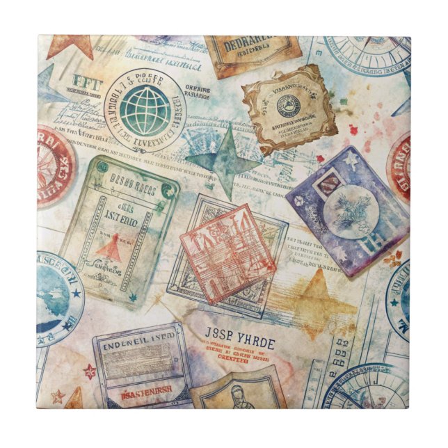 Rustic Passport Stamp Travel Pattern (7) Ceramic Tile (Front)