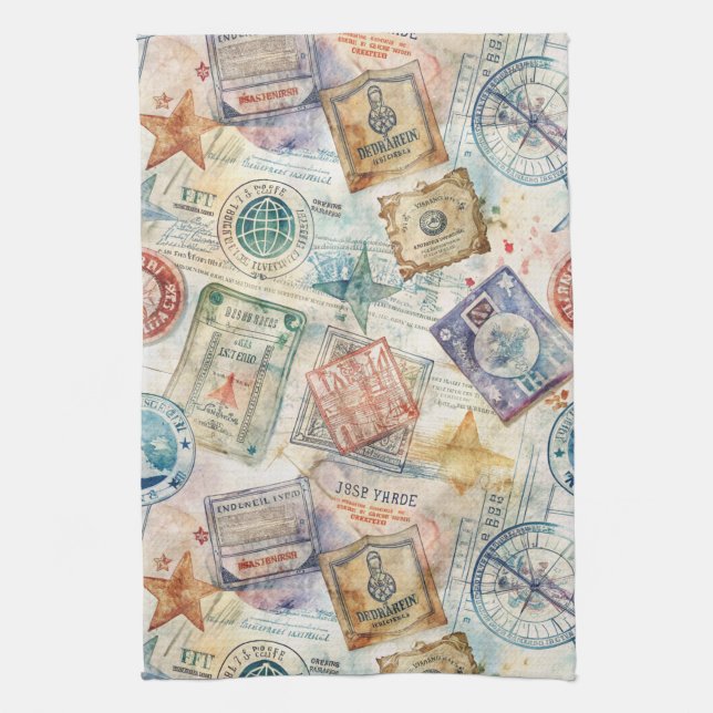 Rustic Passport Stamp Travel Pattern (7) Kitchen Towel (Vertical)
