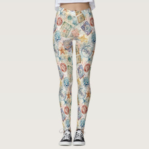 Rustic Passport Stamp Travel Pattern (7) Leggings