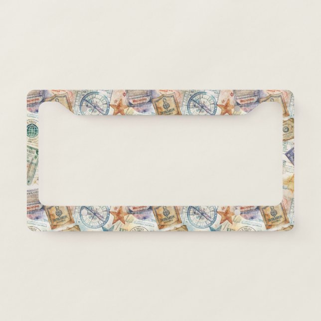 Rustic Passport Stamp Travel Pattern (7) License Plate Frame (Front)