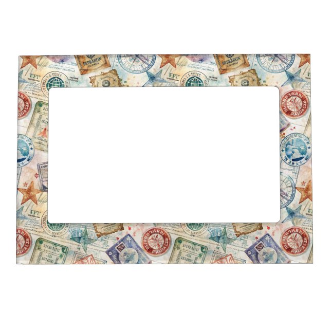 Rustic Passport Stamp Travel Pattern (7) Magnetic Frame (Front)