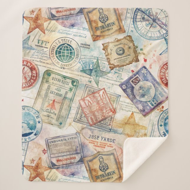 Rustic Passport Stamp Travel Pattern (7) Sherpa Blanket (Front)