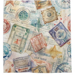 Rustic Passport Stamp Travel Pattern (7) Shower Curtain