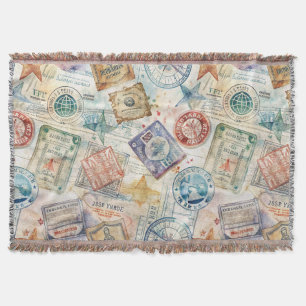 Rustic Passport Stamp Travel Pattern (7) Throw Blanket
