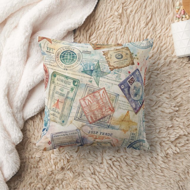 Rustic Passport Stamp Travel Pattern (7) Throw Pillow (Blanket)