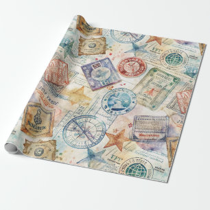 Rustic Passport Stamp Travel Pattern (7) Wrapping Paper
