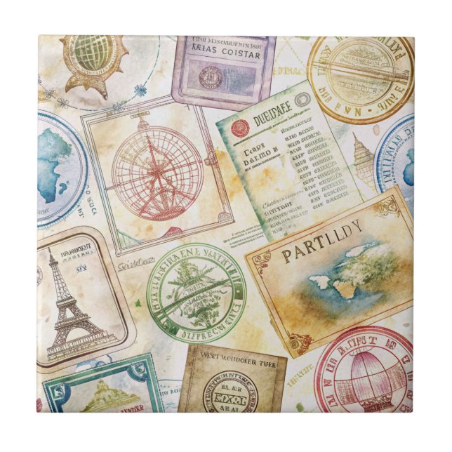 Rustic Passport Stamp Travel Pattern (8) Ceramic Tile (Front)