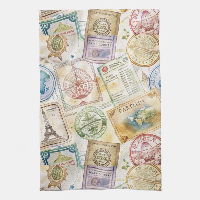 Rustic Passport Stamp Travel Pattern (8) Kitchen Towel (Vertical)