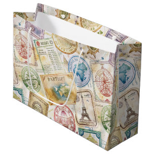 Rustic Passport Stamp Travel Pattern (8) Large Gift Bag