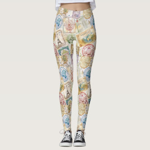 Rustic Passport Stamp Travel Pattern (8) Leggings