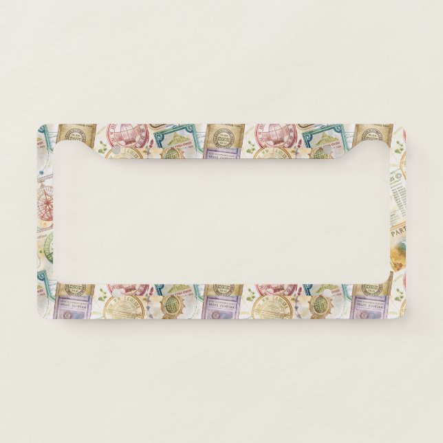 Rustic Passport Stamp Travel Pattern (8) License Plate Frame (Front)