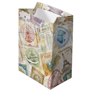 Rustic Passport Stamp Travel Pattern (8) Medium Gift Bag