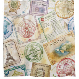 Rustic Passport Stamp Travel Pattern (8) Shower Curtain