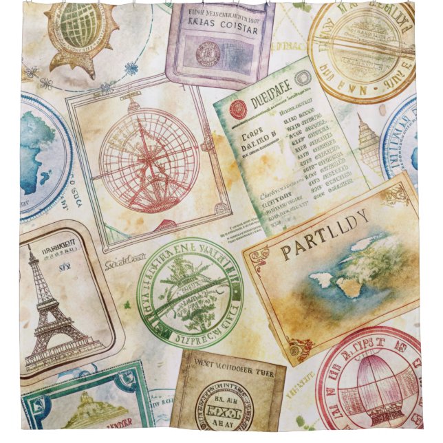Rustic Passport Stamp Travel Pattern (8) Shower Curtain (Front)