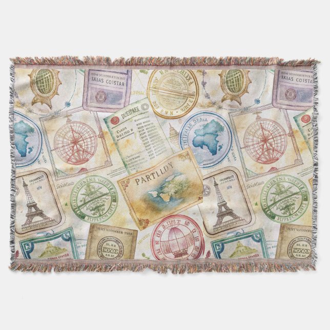 Rustic Passport Stamp Travel Pattern (8) Throw Blanket (Front)