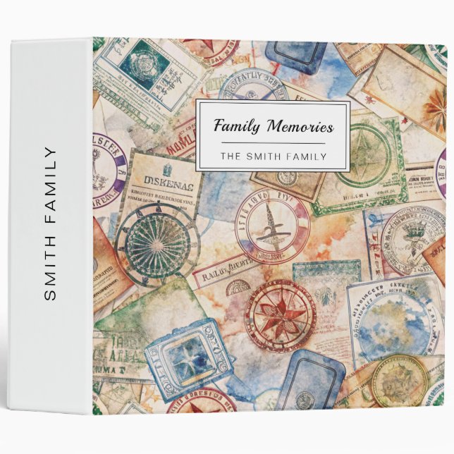Rustic Passport Stamp Travel Pattern (9) 3 Ring Binder (Front/Spine)