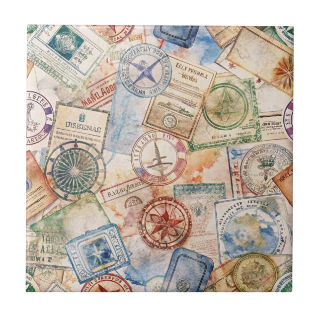 Rustic Passport Stamp Travel Pattern (9) Ceramic Tile (Front)