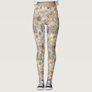Rustic Passport Stamp Travel Pattern (9) Leggings