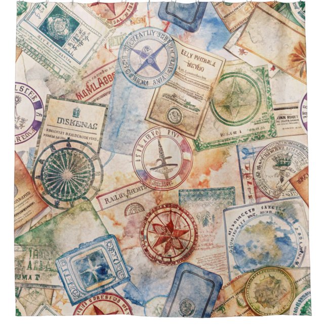 Rustic Passport Stamp Travel Pattern (9) Shower Curtain (Front)