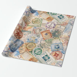 Rustic Passport Stamp Travel Pattern (9) Wrapping Paper