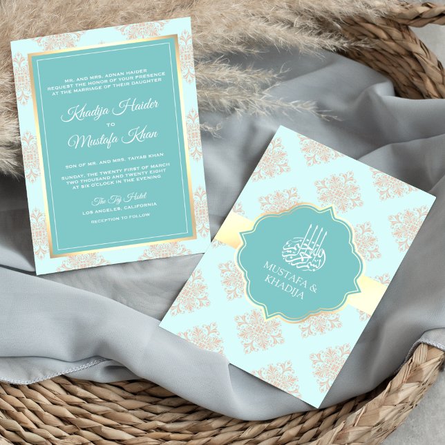 Rustic Pastel Aqua Blue Damask Muslim Wedding Invitation (Creator Uploaded)