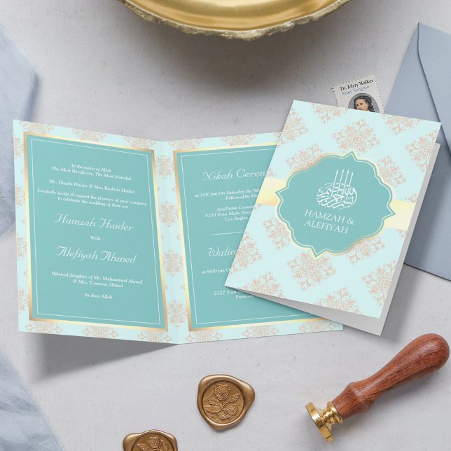 Rustic Pastel Aqua Blue Damask Muslim Wedding Invitation (Creator Uploaded)