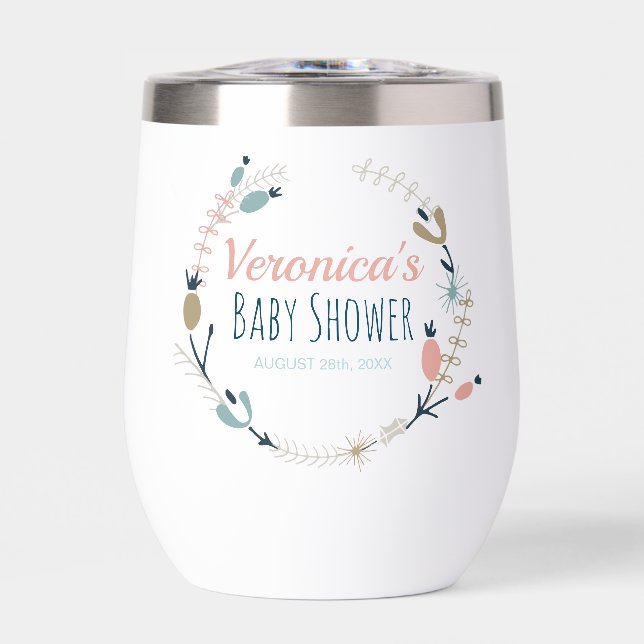 Rustic Pastel Botanical Baby Shower Thermal Wine Tumbler (Front)