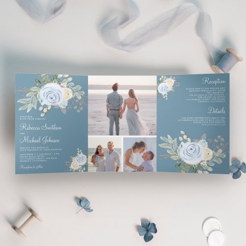 Rustic Pastel Floral Bouquet Dusty Blue Wedding Tri_Fold Invitation