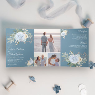 Rustic Pastel Floral Bouquet Dusty Blue Wedding Tri-Fold Invitation