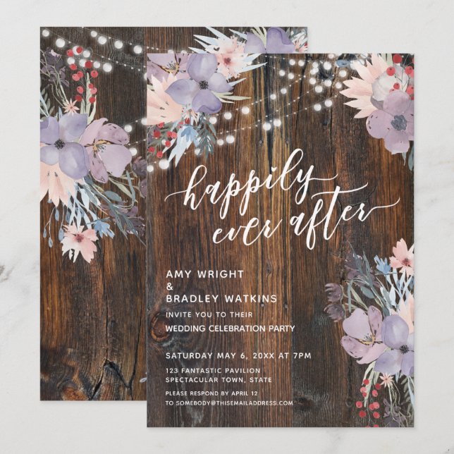 Rustic Pastel Flowers & Lights Happily Ever After Invitation (Front/Back)