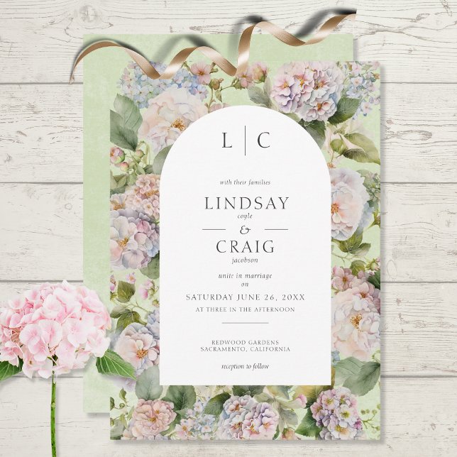 Rustic Pastel Hydrangea Floral Monogram Sage Green Invitation (Creator Uploaded)