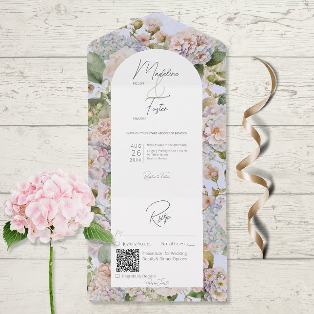 Rustic Pastel Hydrangeas Periwinkle Arch QR Code All In One Invitation (Creator Uploaded)