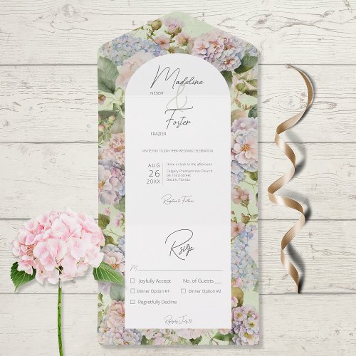 Rustic Pastel Hydrangeas Sage Green Arch Dinner All In One Invitation