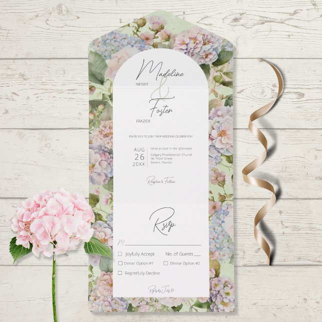 Rustic Pastel Hydrangeas Sage Green Arch Dinner All In One Invitation (Creator Uploaded)