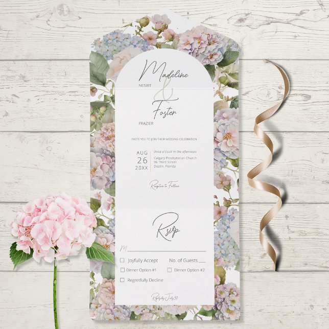 Rustic Pastel Hydrangeas White Arch Dinner All In One Invitation (Creator Uploaded)