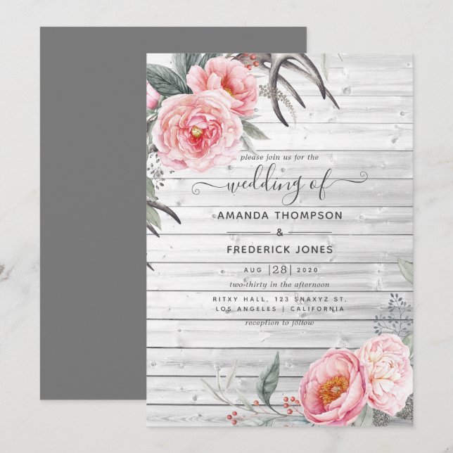 Rustic Pastel Pink and Grey Boho Floral Wedding Invitation (Front/Back)