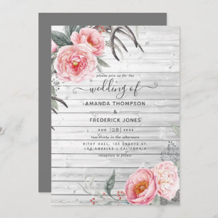 Rustic Pastel Pink and Grey Boho Floral Wedding Invitation